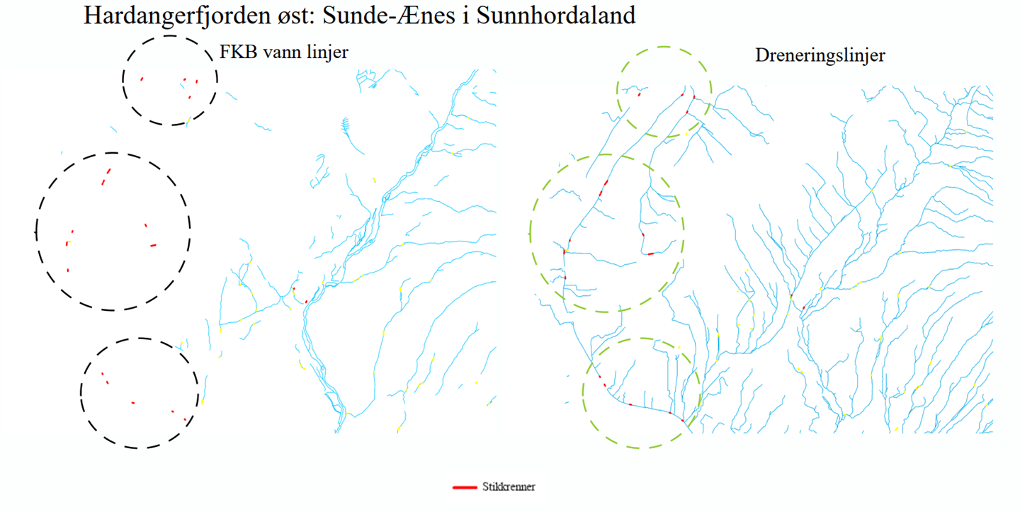 To kart med dreneringslinjer frå Hardangerfjorden øst, Sunde-Ænes i Sunnhordaland. 