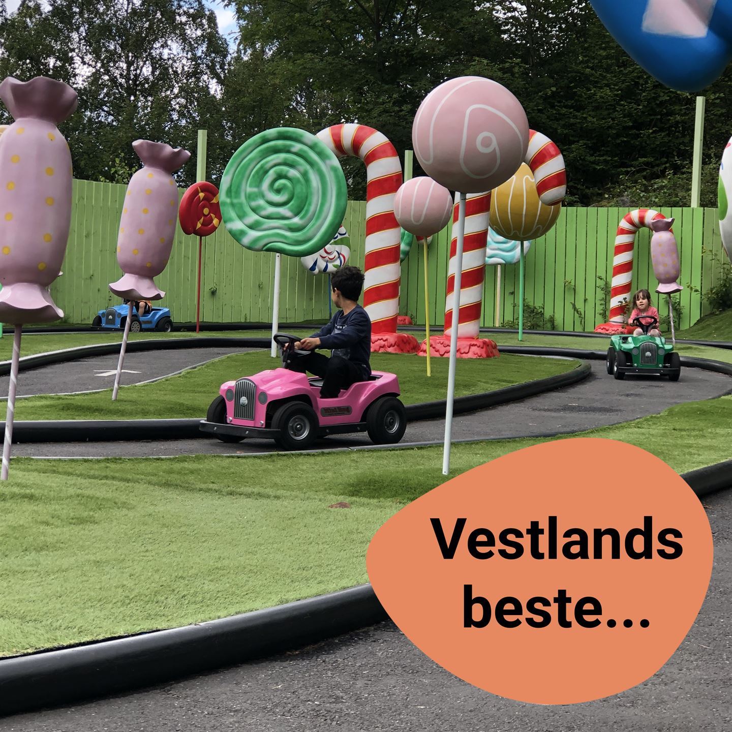 barn kjøyrar fargerike leikebilar i førnøyelsespark.