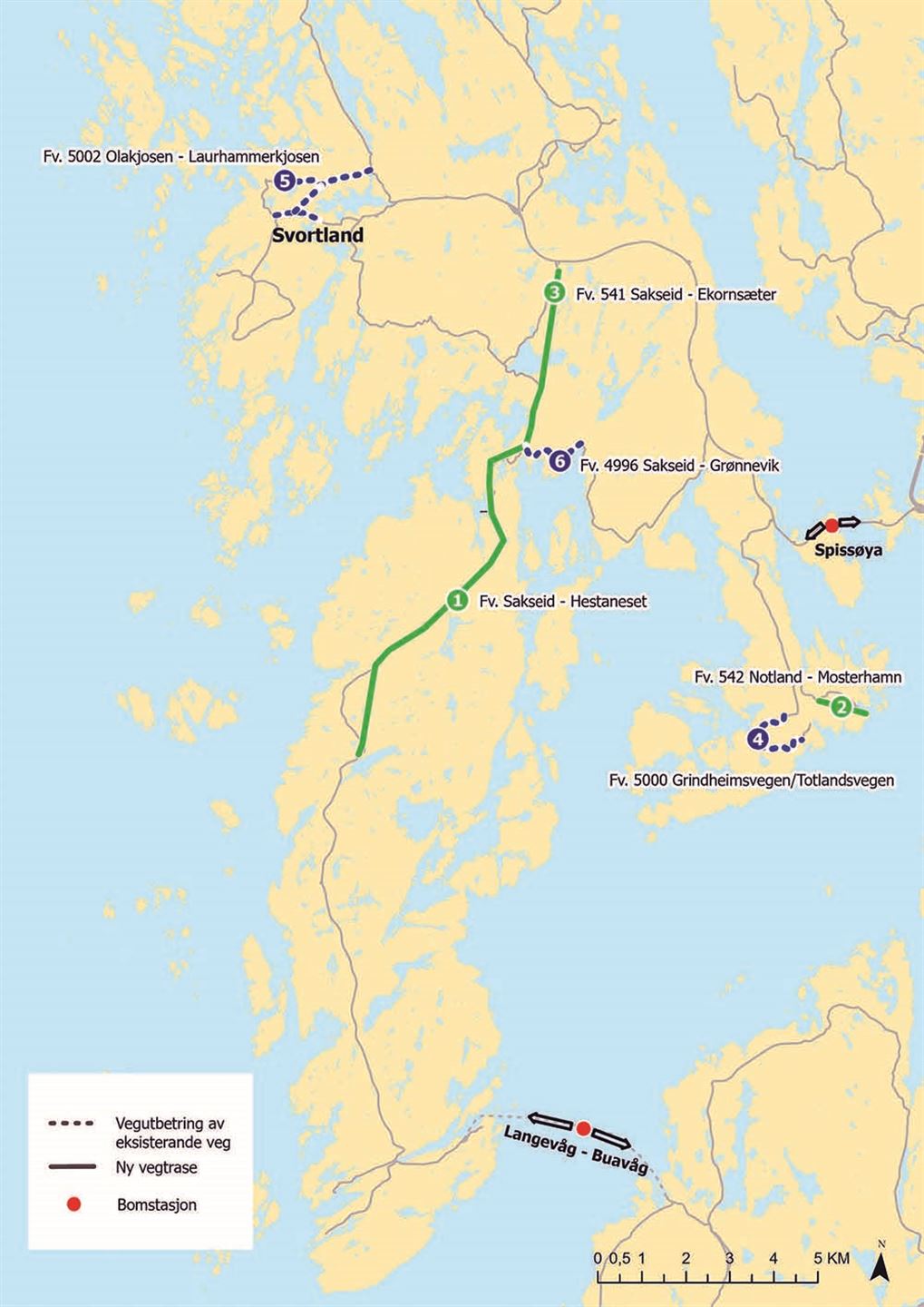 Prioriterte vegprosjekt på Bømlo. Illustrasjon: Vestland fylkeskommune