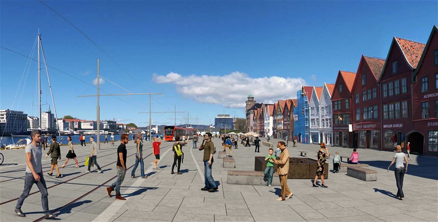 NEI TIL TUNNEL: Fylkesutvalet vil at Bybanen skal gå over Bryggen. (Illustrasjon Norconsult og Asplan Viak)