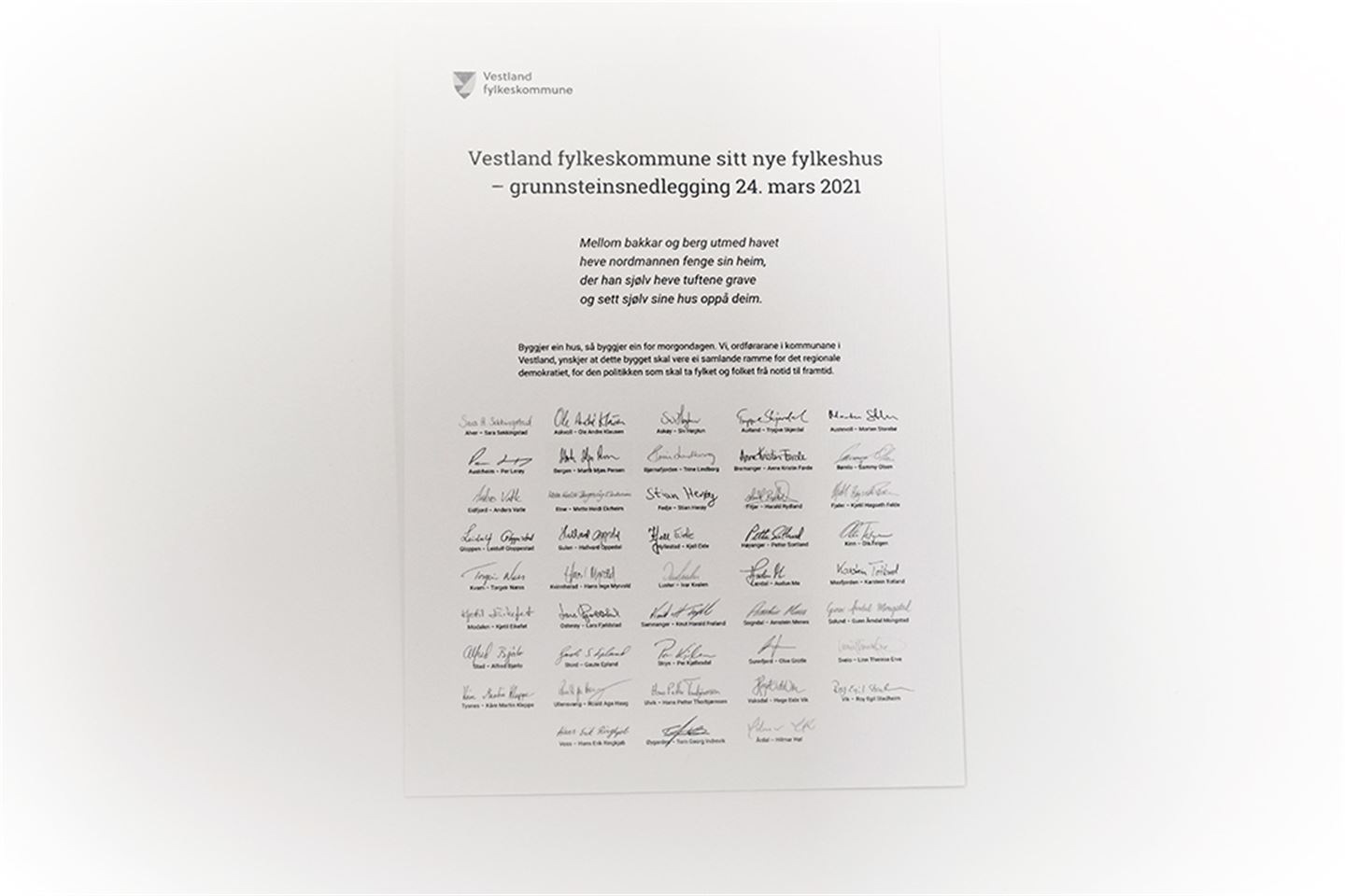 Brevet med underskrifter av dei 43 ordførarane i Vestland fylke.