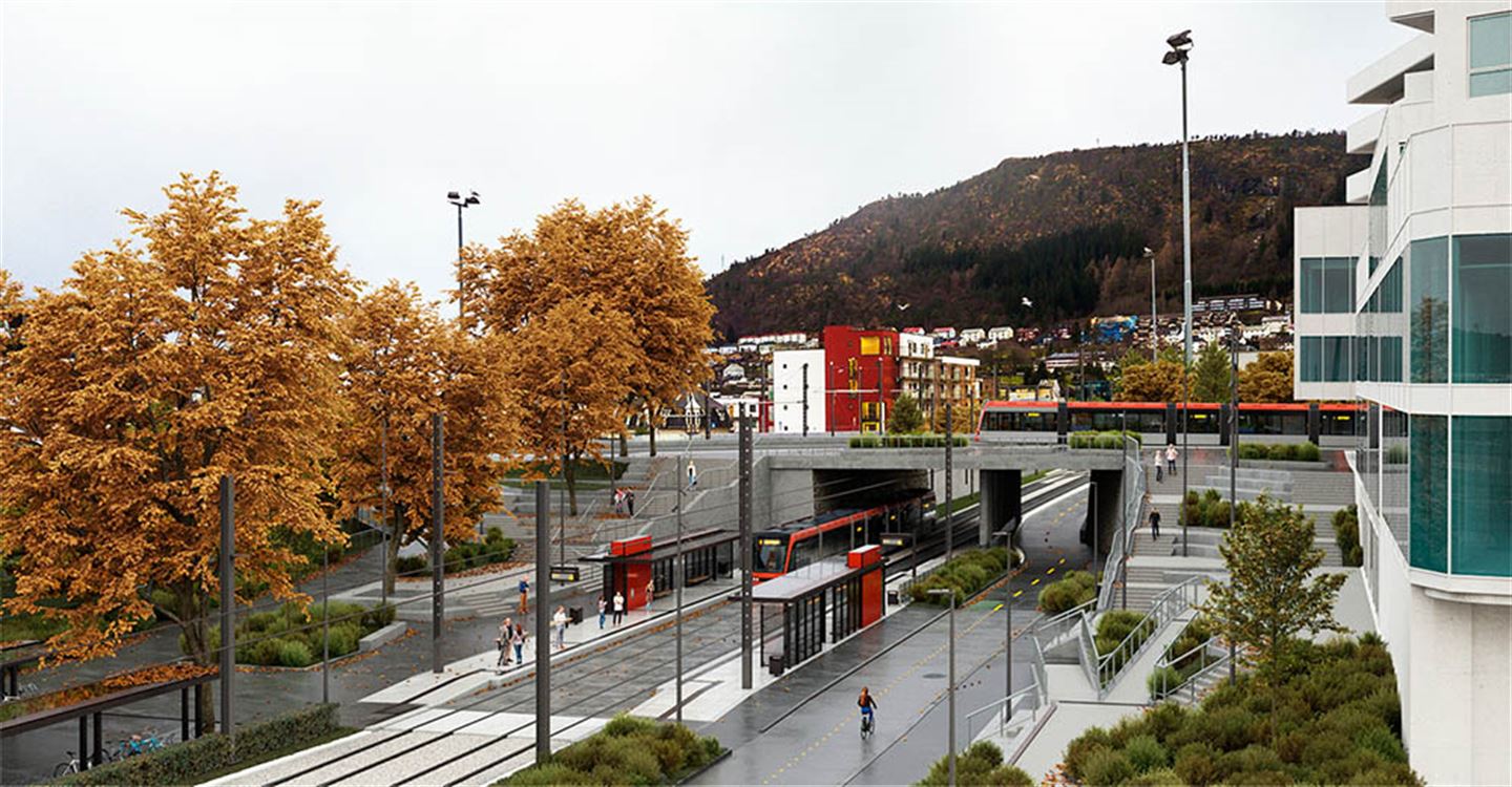 Kronstad er eit byutviklingsområde tett på høgskulen og blir eit viktig byttepunkt mellom linje 1 og 2. Foto: Mount Visual