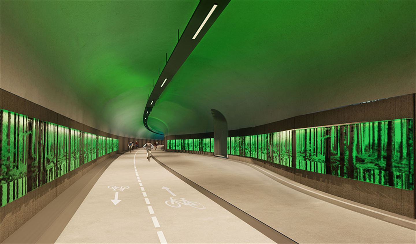 Ved naudutgangane for Bybanen blir det store opne senterlysningar som både gir kjensle av rom og der fargar og grafikk skal gi ei behageleg oppleving. (foto: Light Bureau)
