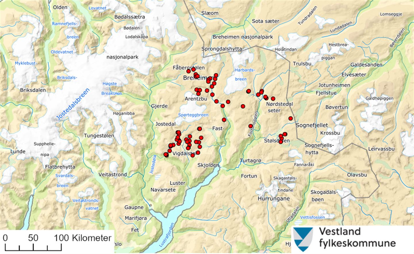 kart over blant anna Breheimen, med merke for arkeologiske registreringar
