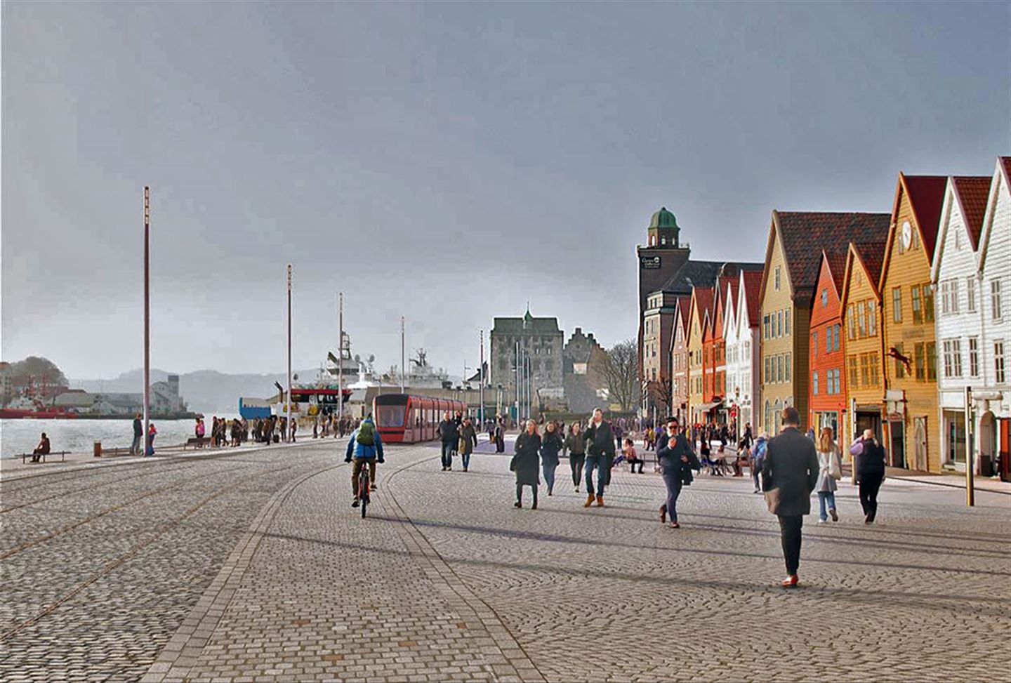 Illustrasjon av Bybanen over Bryggen i Bergen.