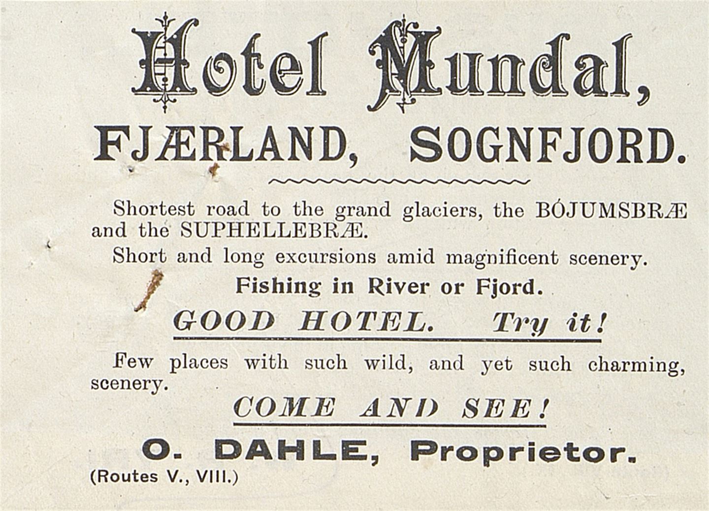 Gamal reklame for Hotel Mundal i Fjærland.