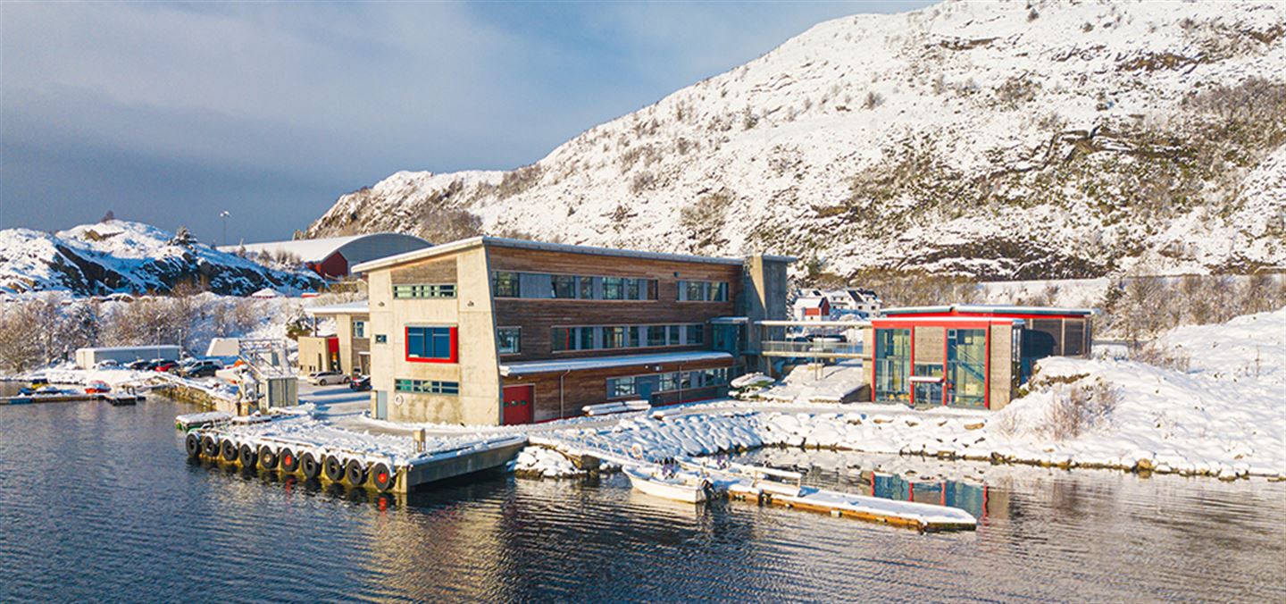 Dronefoto av lokala til Fagskulen i Måløy og Måløy vgs.