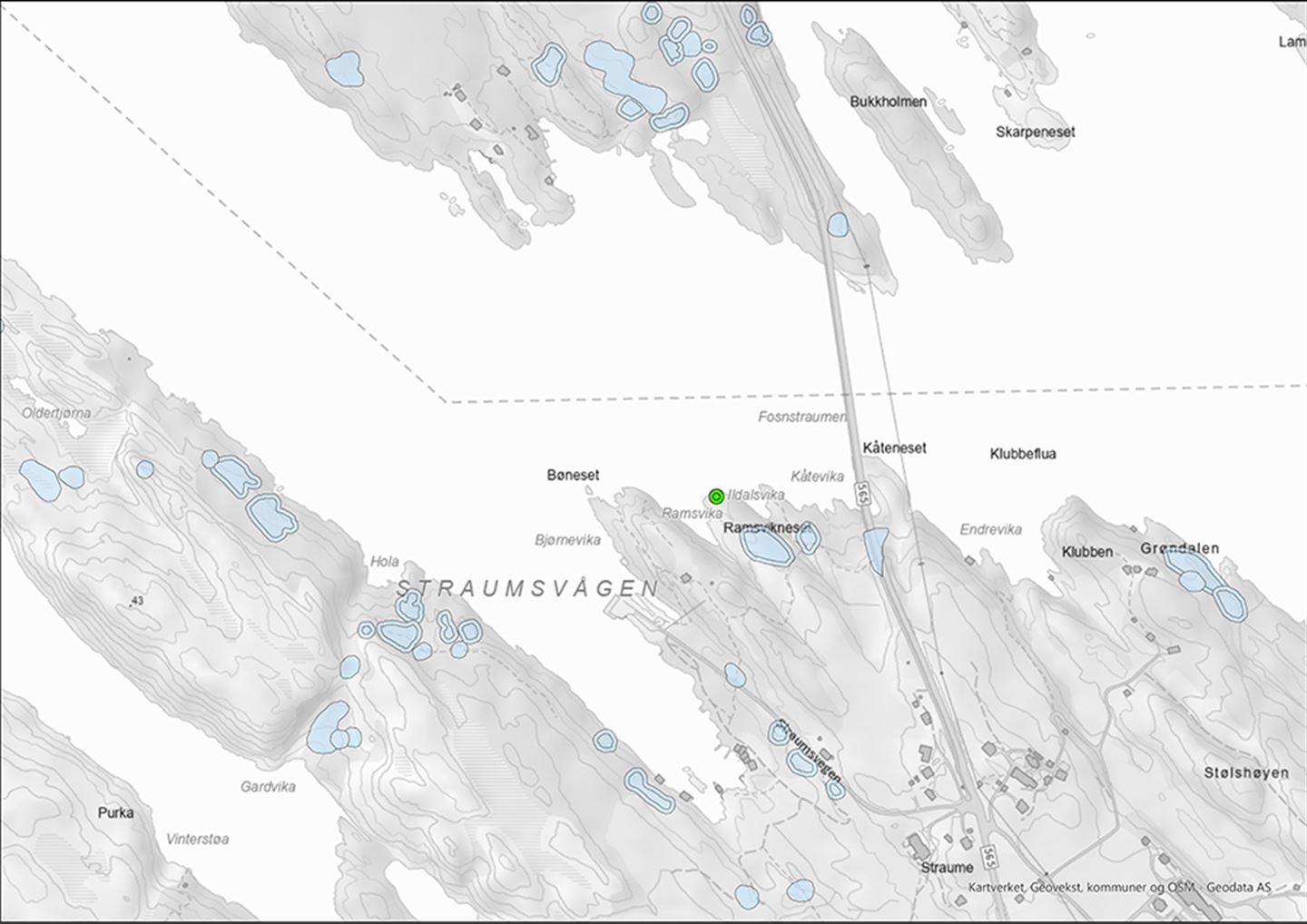 Kart som syner Fosnstraumen i Alver kommune.