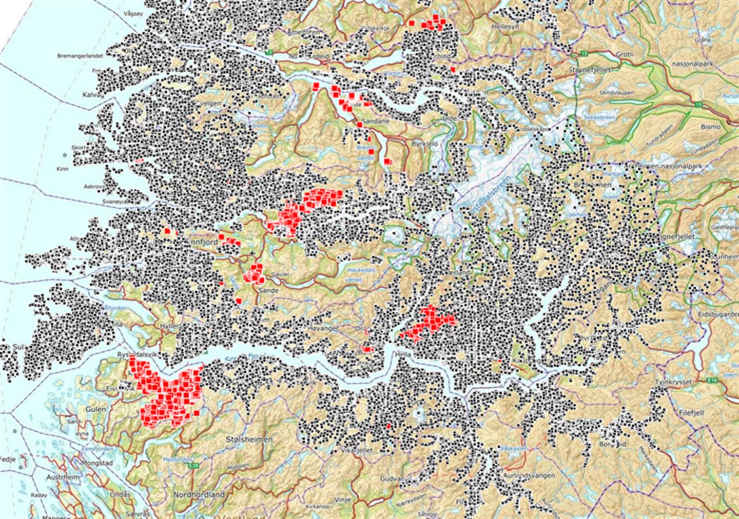 skjermbilde frå stadnamnkart, syner området Sogn og Fjordane med svarte og raude prikkar der det er kartfesta stadnamn. 