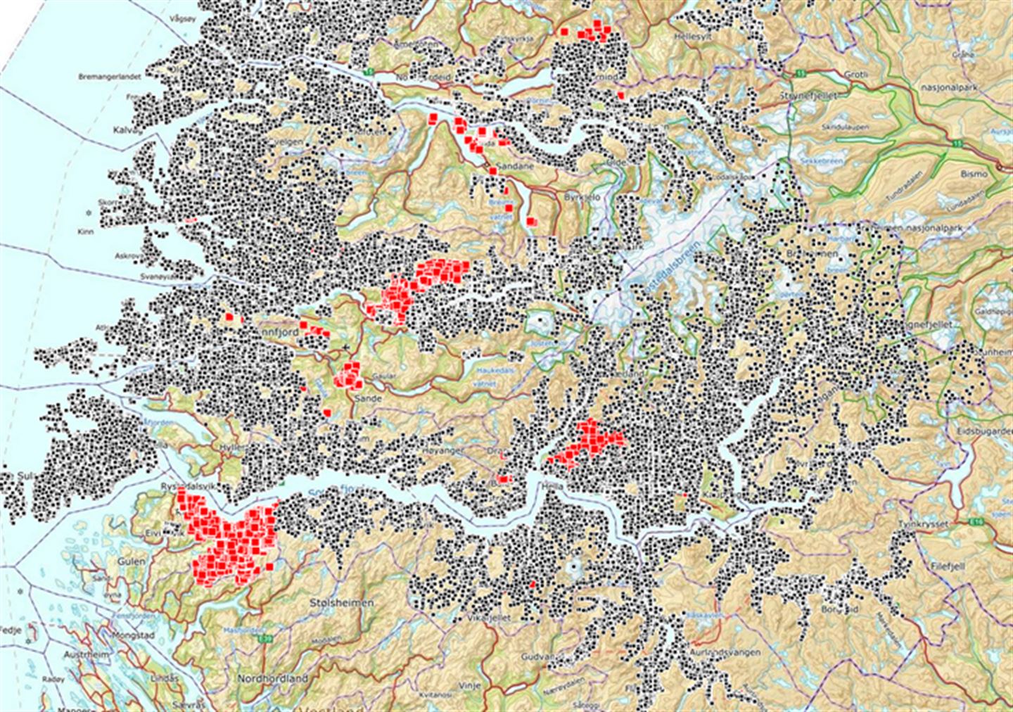skjermbilde frå stadnamnkart, syner området Sogn og Fjordane med svarte og raude prikkar der det er kartfesta stadnamn.