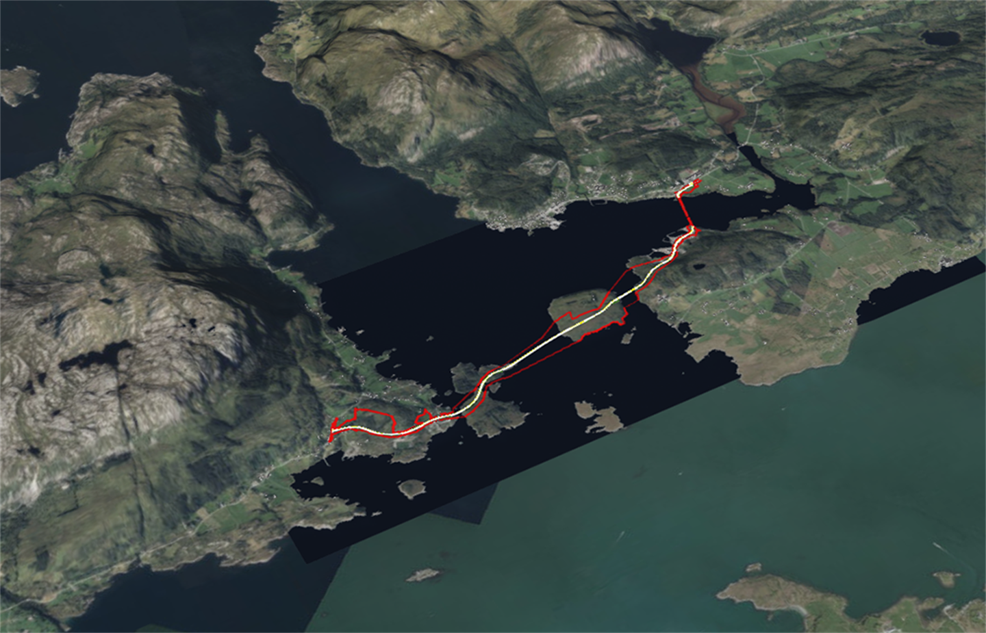 Illustrasjon som syner kvar brua i Atløysambandet skal gå.