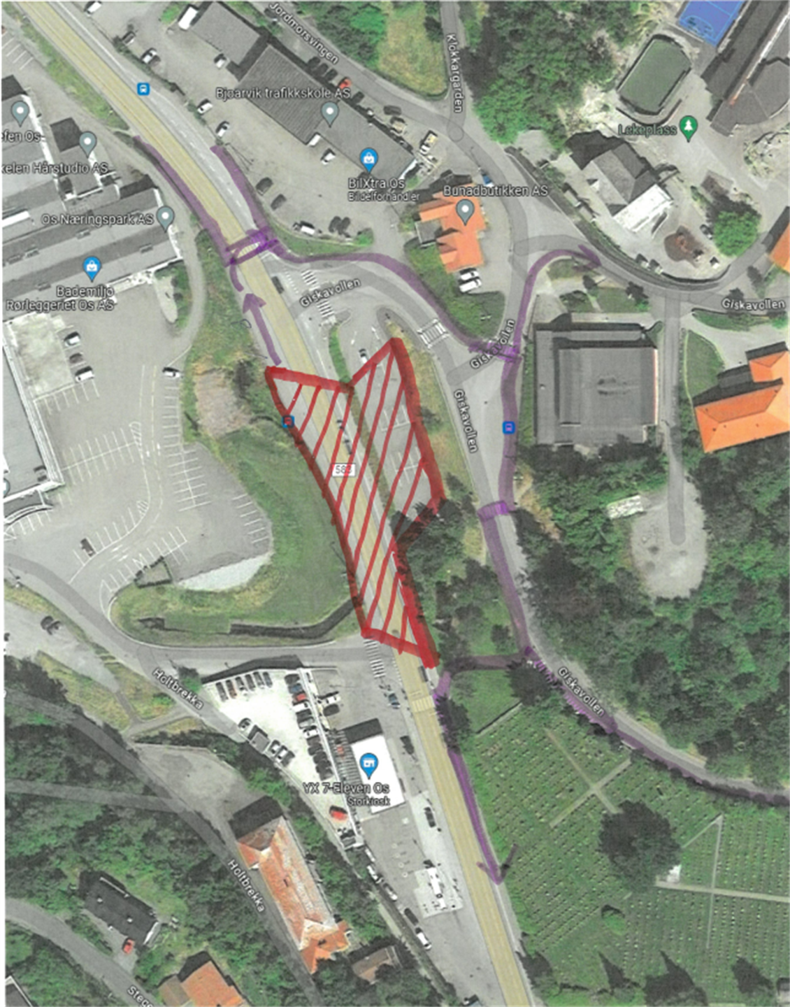 Kartutsnitt over anleggsområdet og ruter for gåande