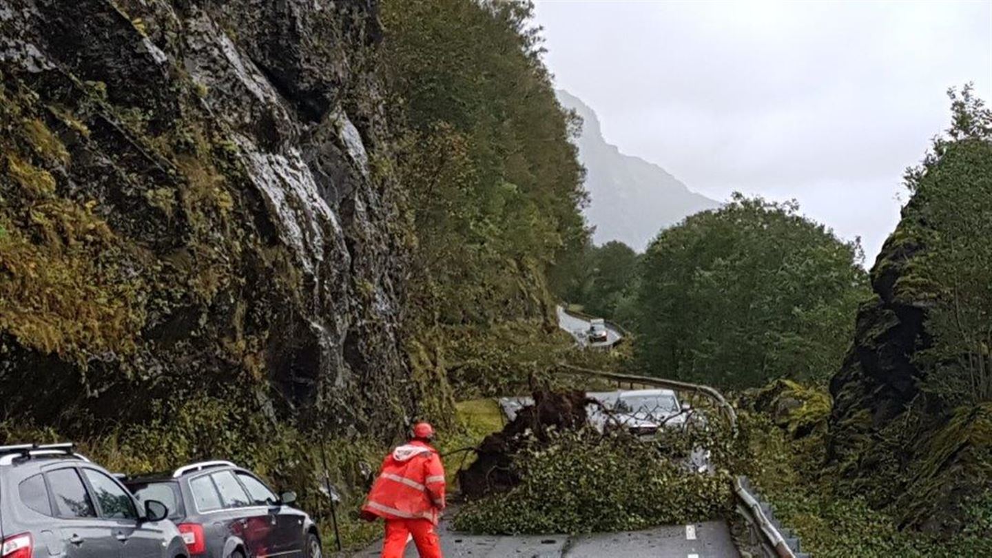 Smal vegstrekning med fjellvegg på venstre side og rekkverk på høgre side, fleire tre, buskar, stein og grus har rast ned på vegen. To bilar står i vegbana foran raset, ein bilar står på andre sida av raset. Bak denne er det meir nedfall av tre og stein i vegen, en bil står bak der igjen. Grått ver, regn. Ein mann i oransje arbeidsklede går mot det første raset. 