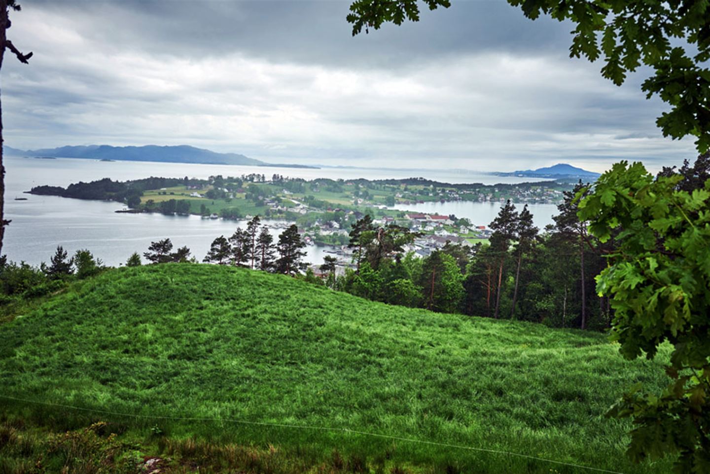 Kulturlandskap på Halsnøy med marker, skog og fjord.