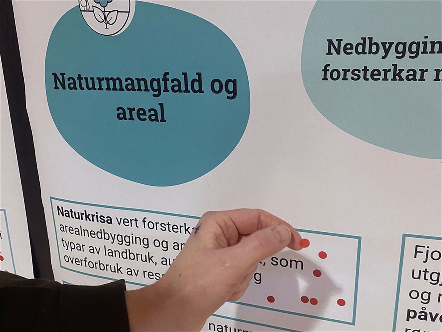 Nærbilde av hand som set eit klistremerke forma som ein rund prikk på plakat som viser hovudutfordringane for samfunnsutviklinga av Vestland, tekst på kvit plakat med fleire klistremerkeprikkar på ulik tekst.