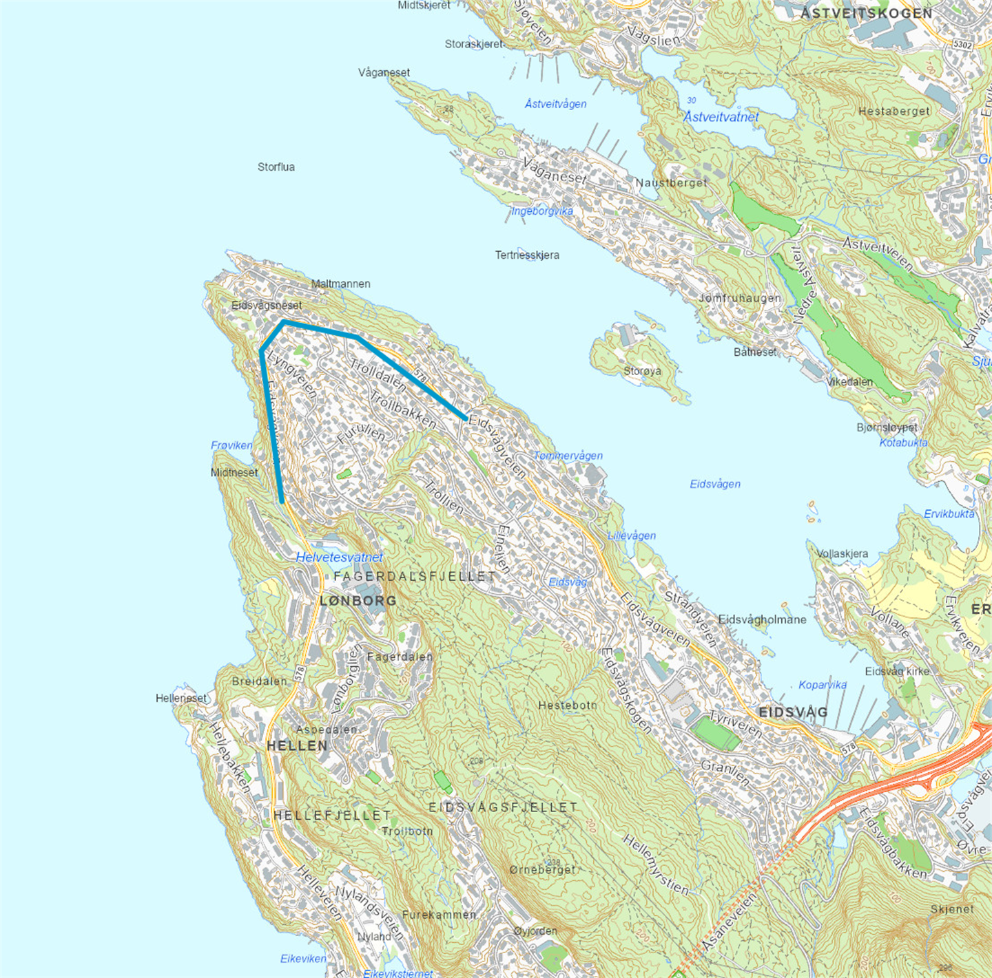 Bilde av eit kart som viser vegen rundt Eidsvågneset.