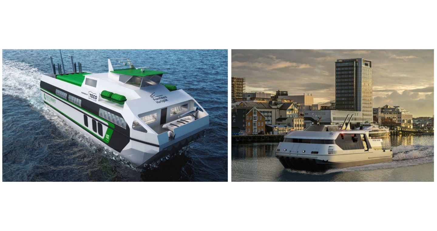 Fotocollage med to illustrasjonar av hurtigbåtar drivne med hydrogen.