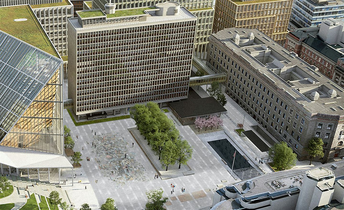 Illustrasjon av korleis regjeringskvartalet i Oslo skal bli med høgblokka m.m.