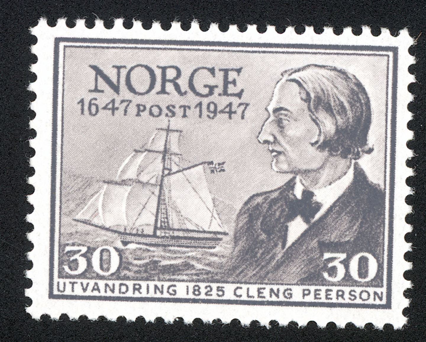 Gamalt svart-kvitt frimerke med teikning av mann.