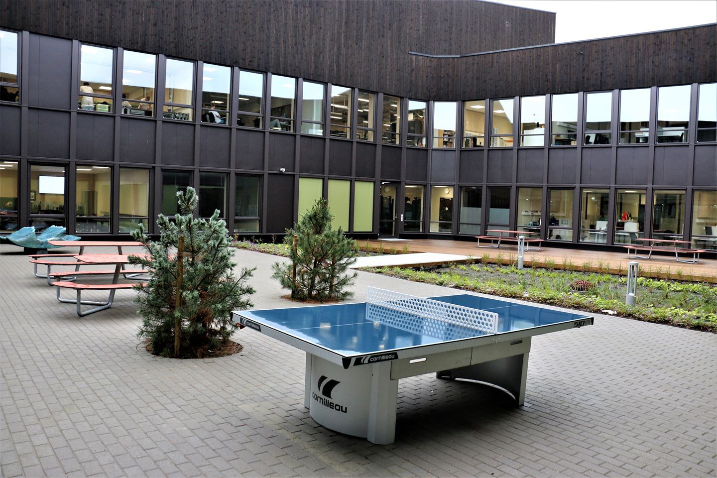 Uterom med benker og trær