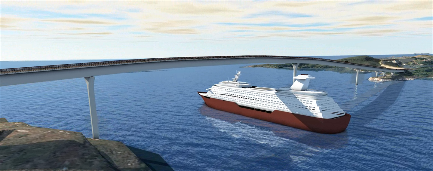 Teikna/dataanimert illustrasjon som viser ei bru mellom to holmar eller øyar med havet i bakgrunnen, som står på grå betongsøyler på holmane og i sjøen. Blå himmel og blått hav. På sjøen seglar eit raudt og kvitt cruiceskipunder brua.