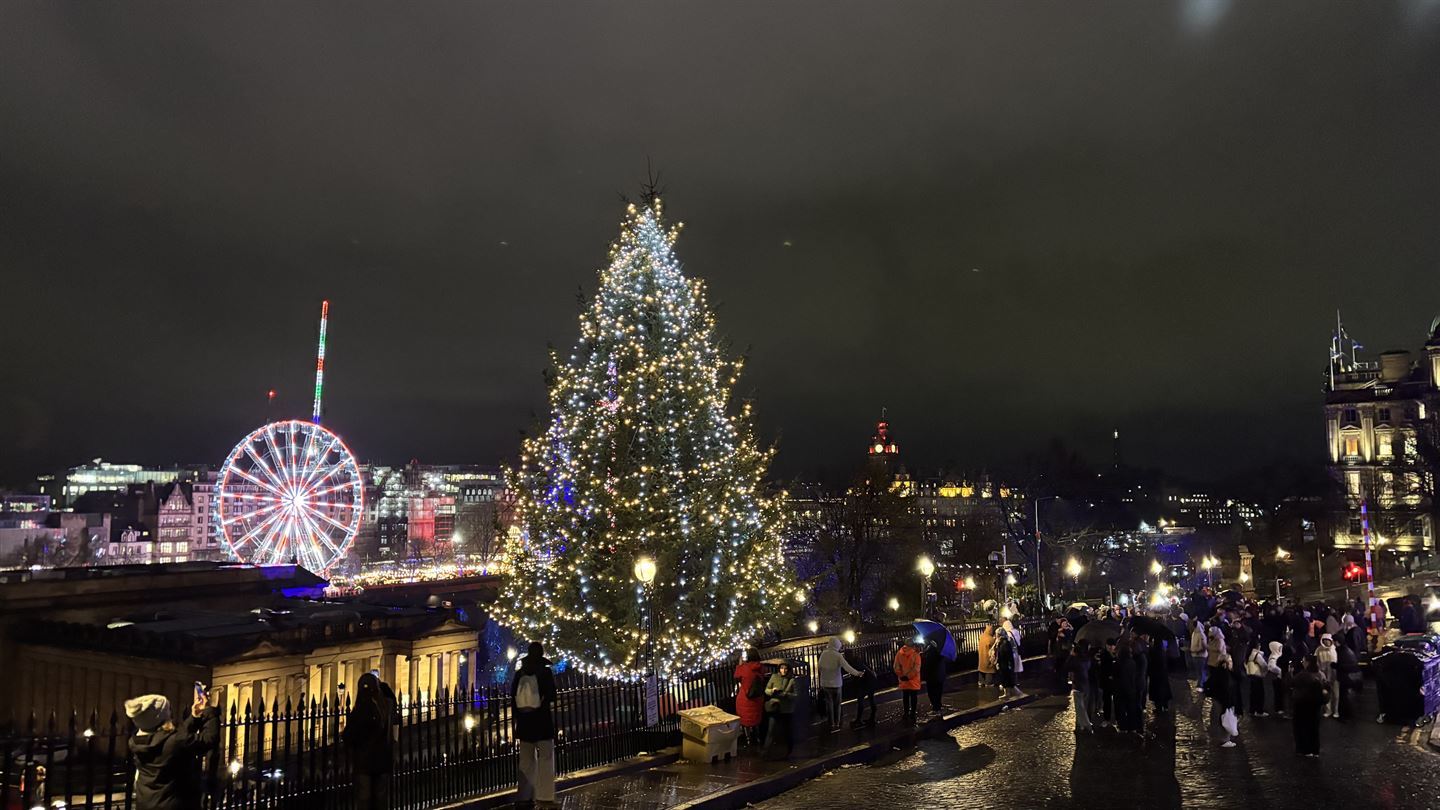 Oversiktsbilde av eit lysande juletre. I bakgrunnen er eit pariserhjul. 
