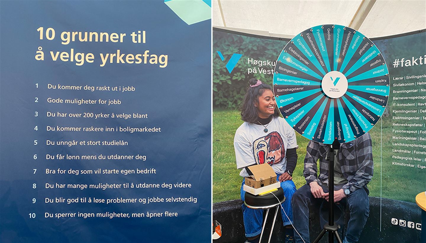 To bilde sett saman. Det er tekst med ti punkt som listar opp ti grunnar til å velje yrkesfag og eit lykkehjul med ulike yrke.