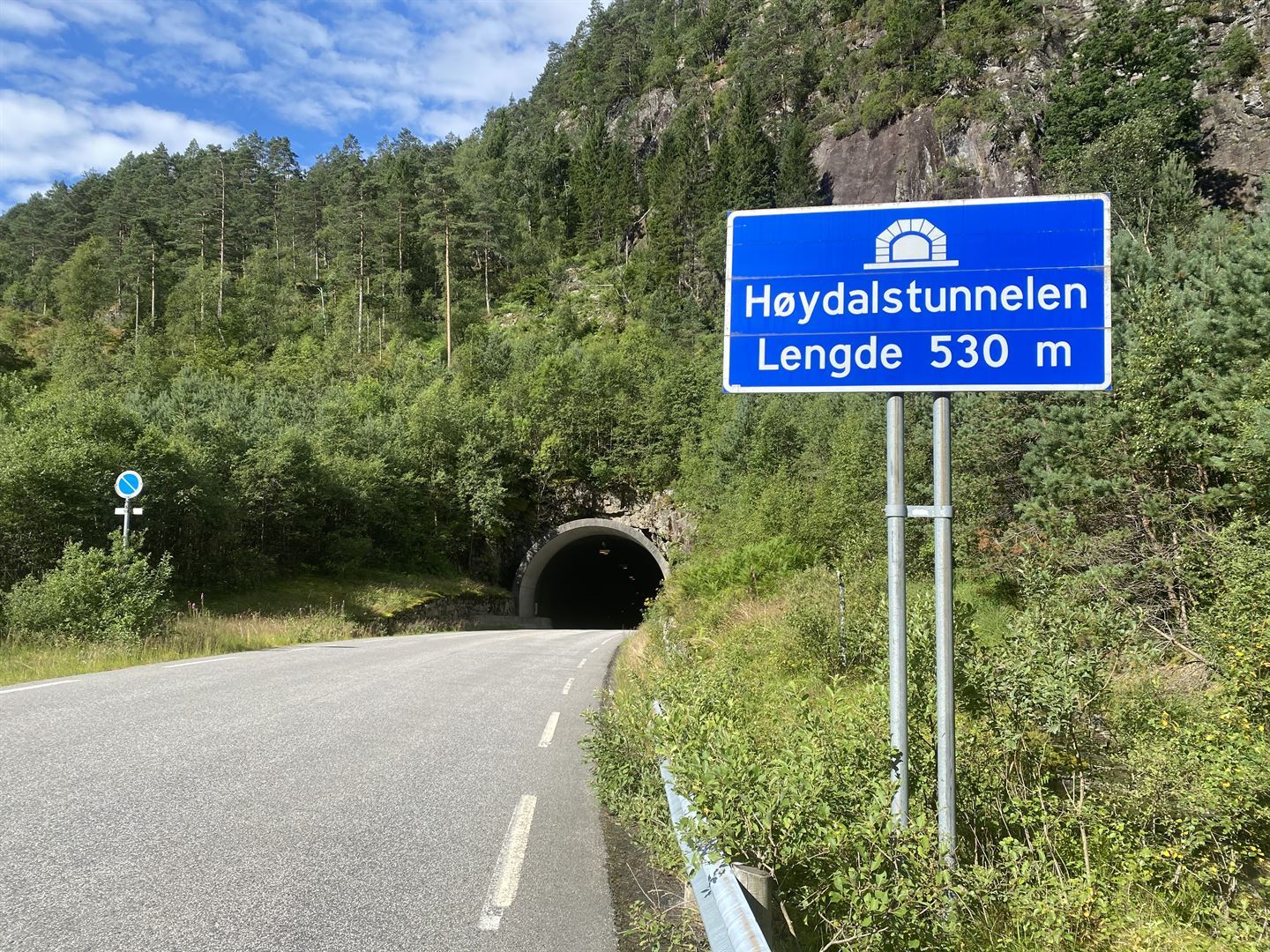 Smal veg som fører inn i ein tunell. Eit blått skilt med kvit skrift står utanfor tunellen der det står Høydalstunnelen lengde 530 meter. Rundt tunellen er det skog. Foto: Silje Alvsaker/Vestland fylkeskommune