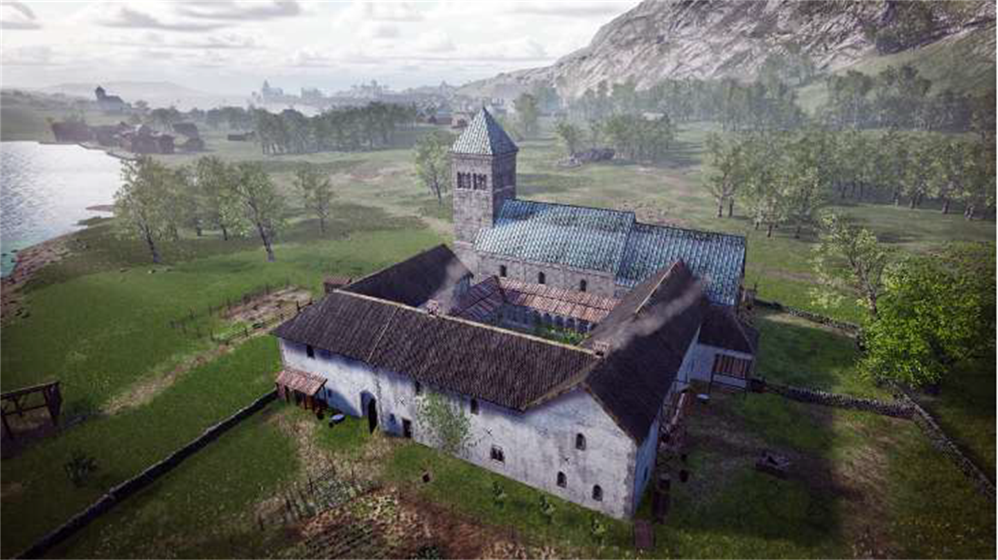 Oversiktsillustrasjon av eit kloster frå 1100-talet. Bygget er i ein firkant med ope rom i midten. Bygget har også eit tårn. Rundt klosteret er det grønt gress, trær, eit vant og fjell. 