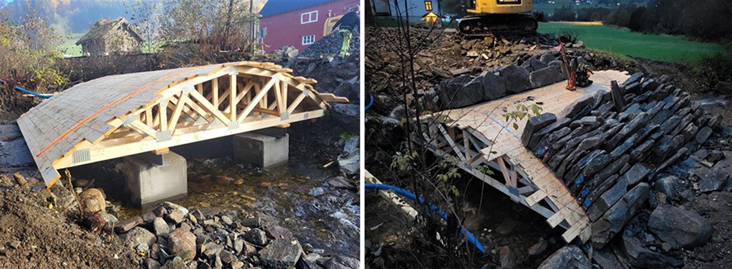 Bildekollasj med to bilde som syner restaurering av gamal steinbru.