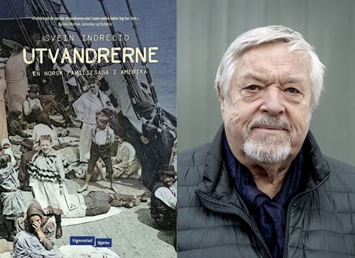 Bildecollage med bokomslag for boka Utvandrerne og bilde av forfattaren Svein Indrelid