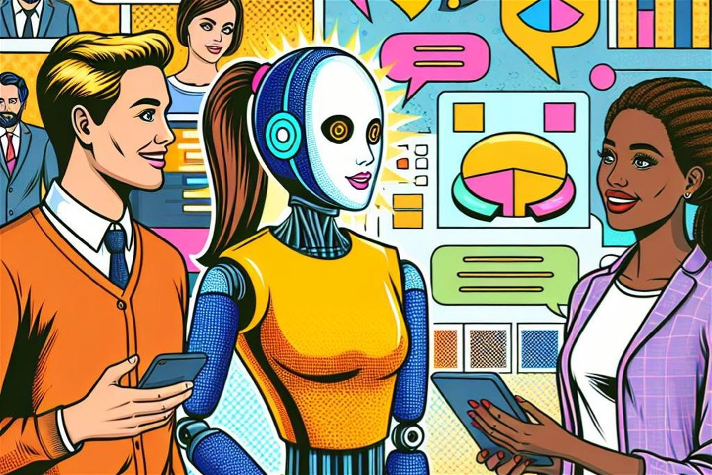 KI-generert illustrasjon av robot og mennesker i interaksjon.