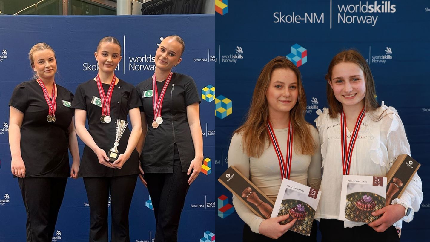 Kollasj. Bildet til venstre viser tre elevar på ein pal med medaljar rundt halsen. Bildet til høgre viser to elevar med medaljar rundt halsen. 