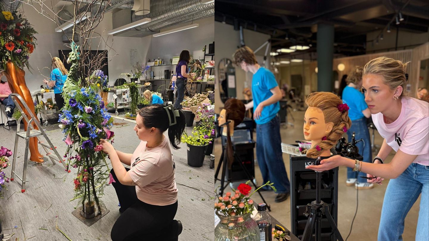 Kollasj av to bilder: Bildet til venstre viser ein elev som arbeider med ei blomsterdekorasjon forma som ei fugl. Bildet til høgre viser ein elev som arbeider med parykk på ei dukke.