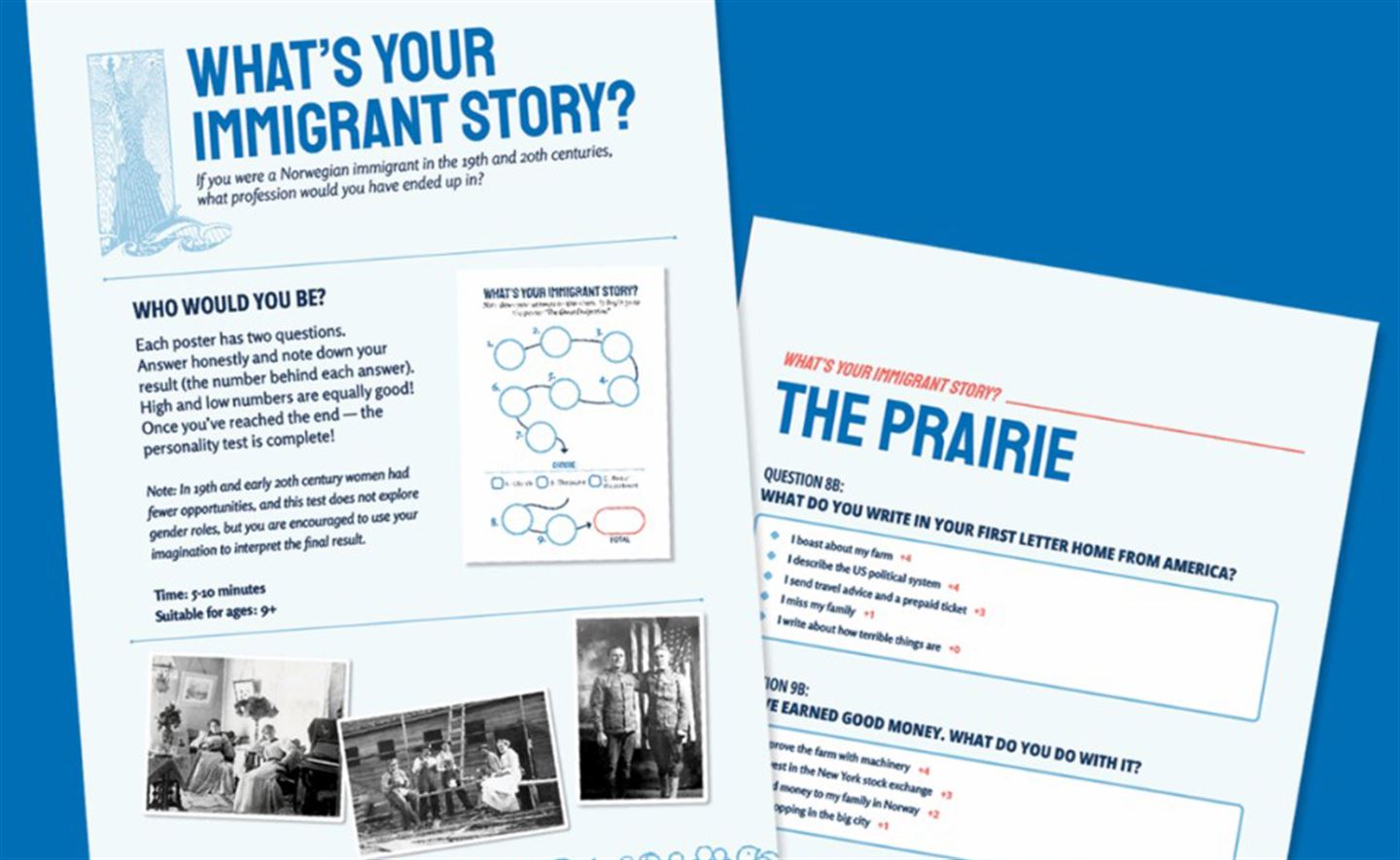 Skjermbilde frå den digitale utstillinga Kva er emigranthistoria di? Bildet syner to kort/plakatar, ein med teksten What is your immigrant story? og ein med teksten The Praire.