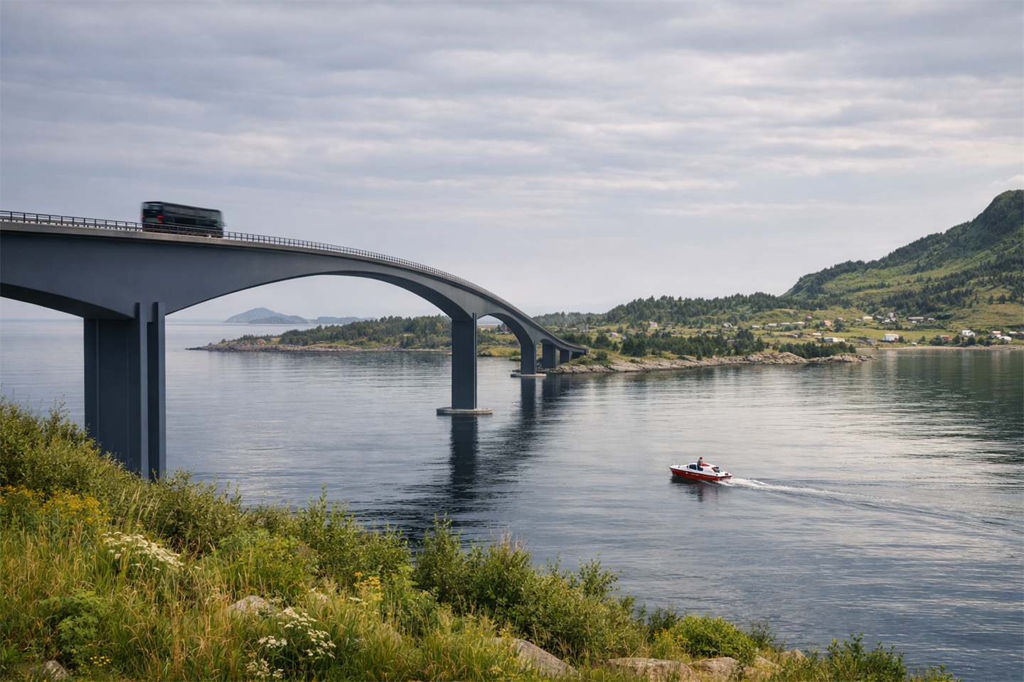 Grafisk illustrasjon med bilde av bru over blå sjø med holmar i kvar ende. 