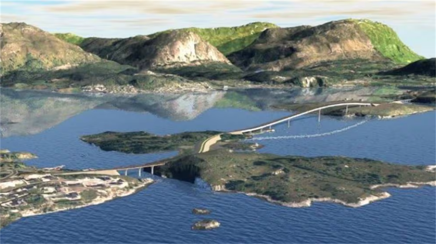illustrasjon som viser landskapet som Atløysambandet skal gå i og dei tre bruene frå fastland til øyer. 