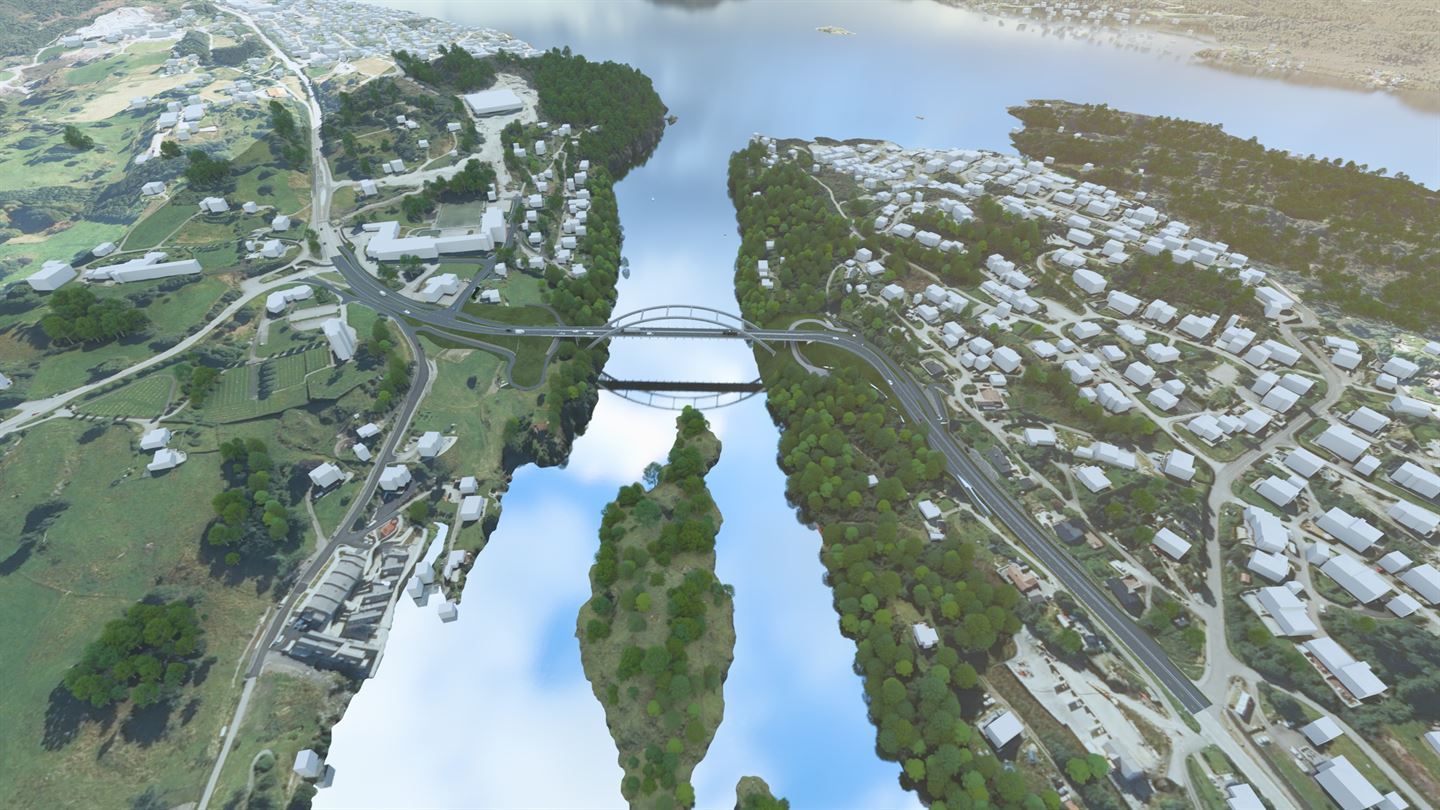 Ei grå bogebru over eit sund. 