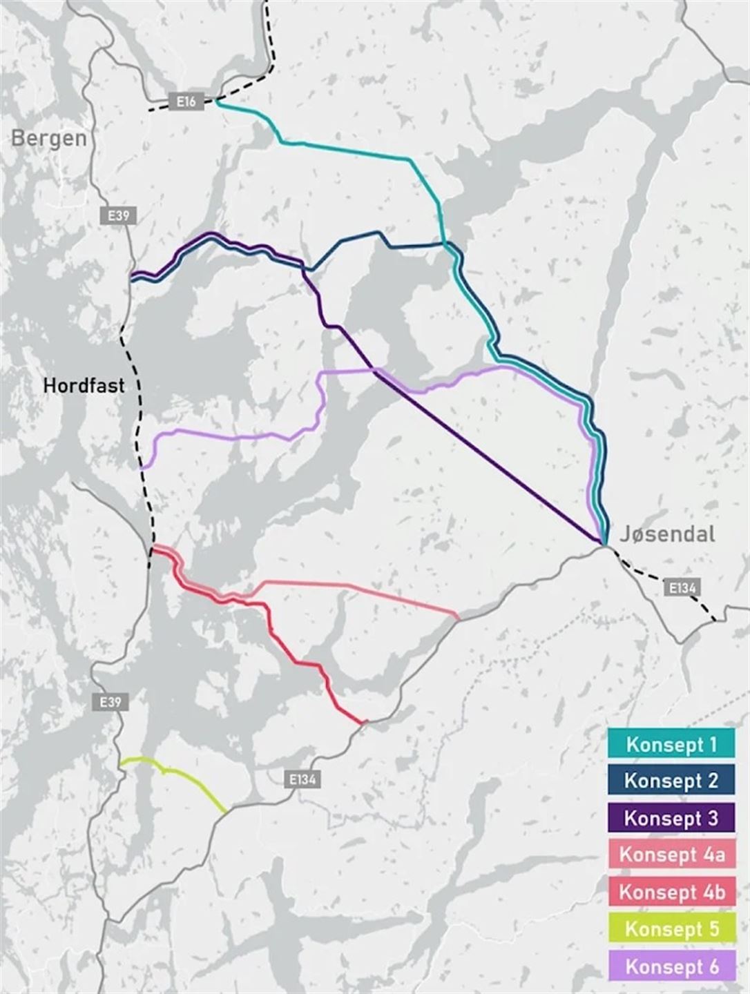 kart som viser ulike alternativ for ein vegtrase. 
