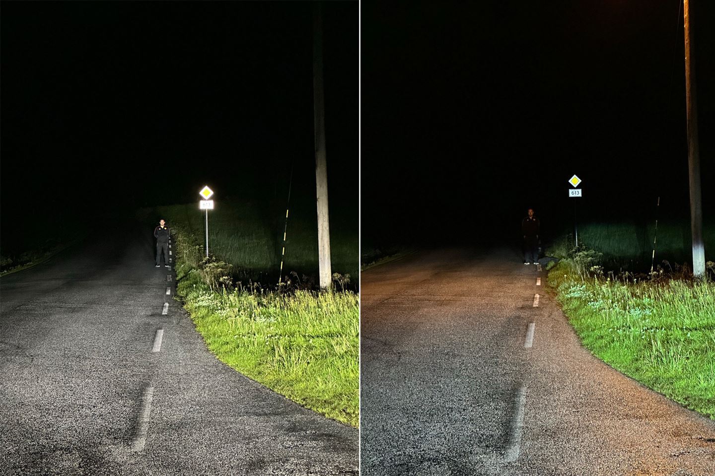 To bilde tatt på same stad langs ein veg. Langs vegen står ein person i nærleiken av ein lyktestolpe. Personen er lettare å sjå med langlys frå ein bil, enn når lyktestolpen er tent. 