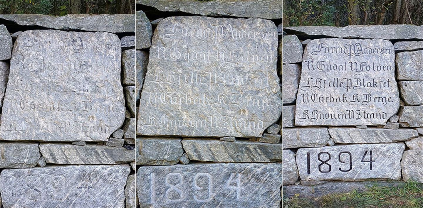 Fotokollasj med tre bilde av stein med tekst. Heilt til venstre er teksten nesten uleseleg, på bildet er han meisla inn på ny, og på bildet til høgre er det lagt på svart måling.