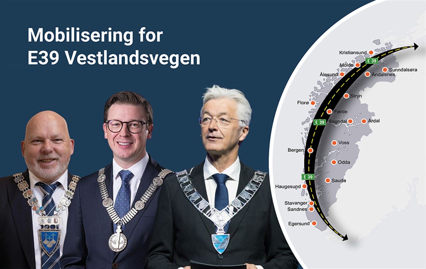 Illustrasjon med fylkesordførarane i Vestland, Møre og Romsdal og Rogaland til venster og ein illustrasjon som syner samanhengande E39 gjennom kart over Vestlandet.