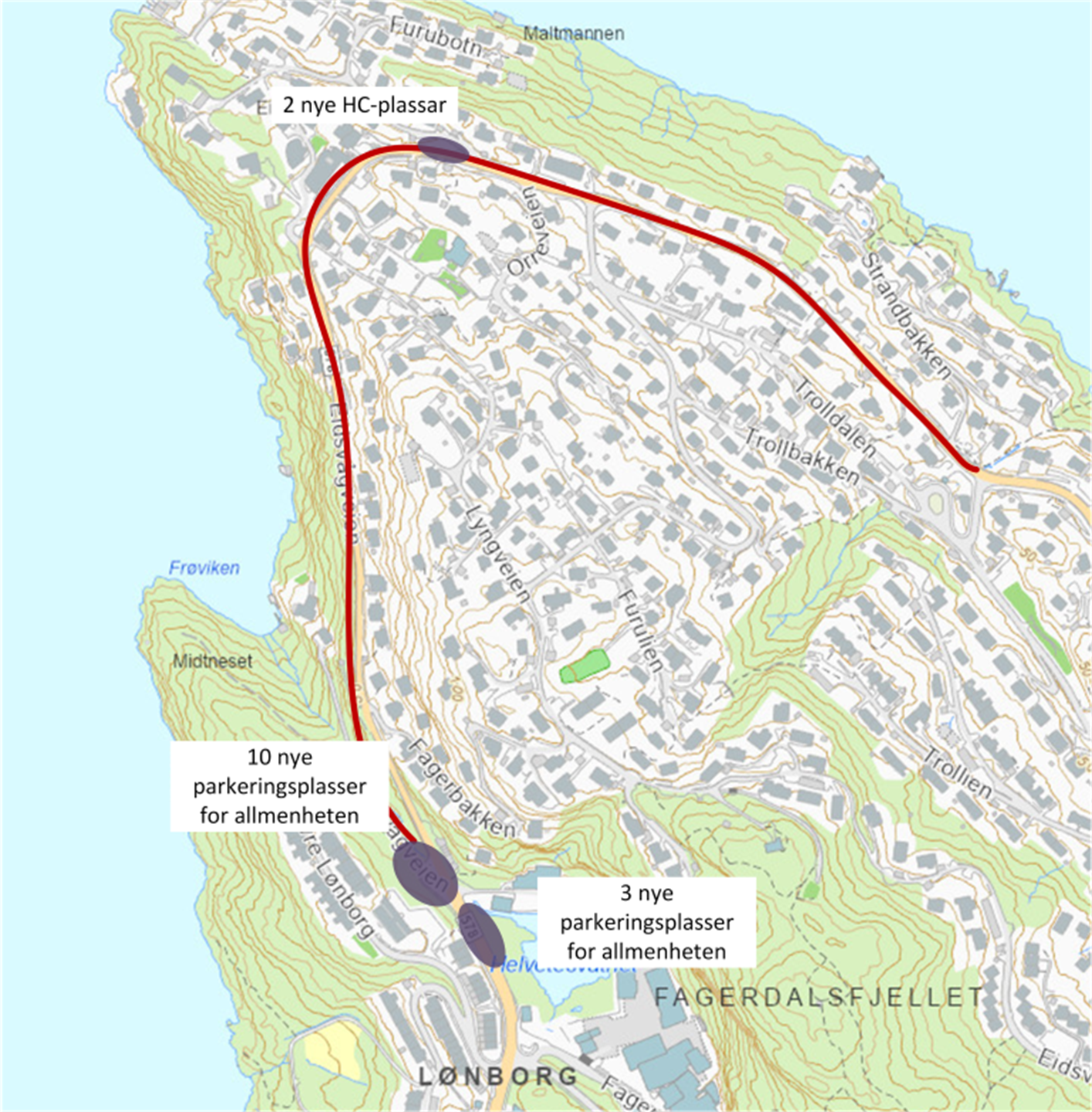 Kart over Eidsvåg i Bergen kommmune som viser kor det er lov å parkere. 