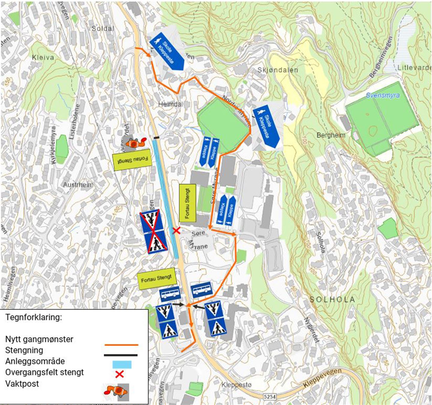 Kart som syner stengde fortau og nytt gangmønster på Askøy.