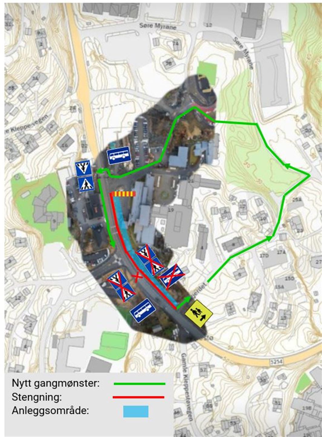 Bilete viser eit kartutsnitt over nytt gangmønster ved Kleppevegen Myrane