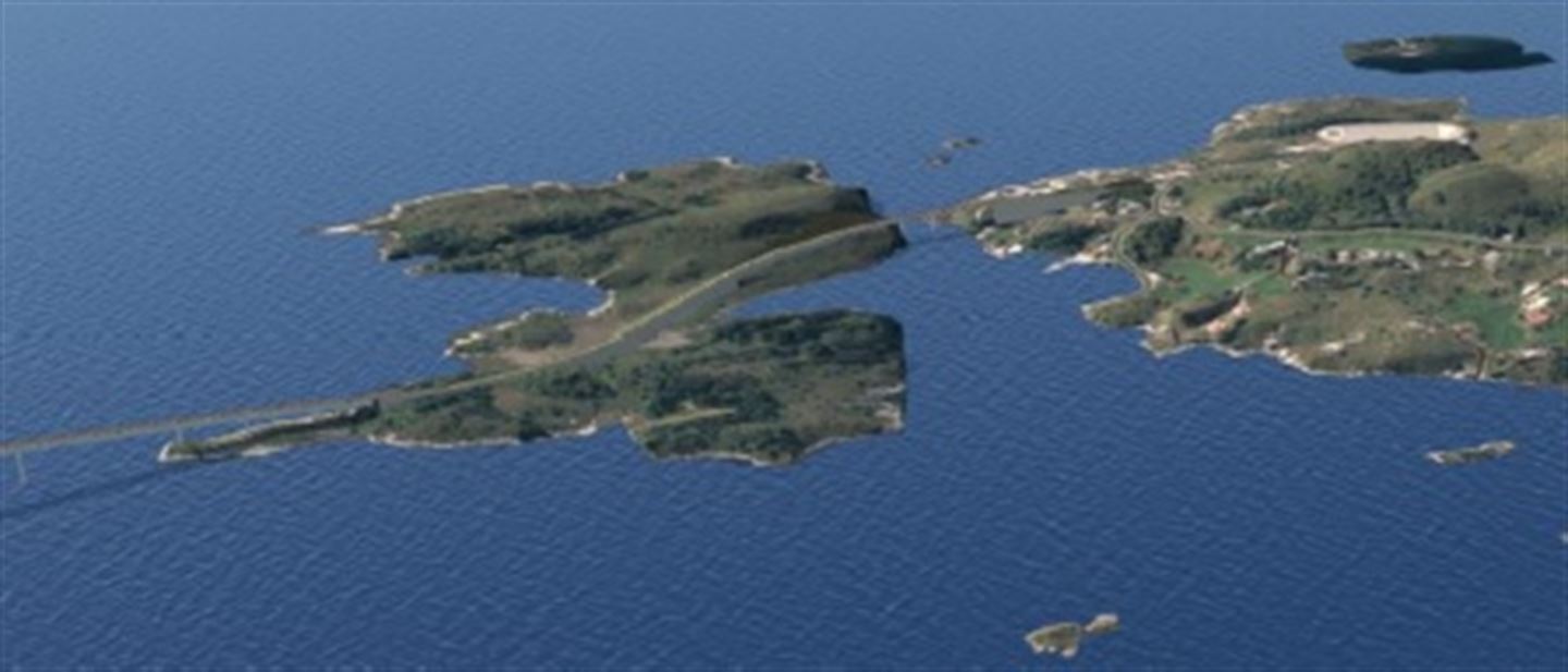 SAUESUNDBRUA: Illustrasjonen viser Sauesundbrua og veglinja på Sauesundøya sett i frå nord.(Illustrasjon: Rambøll)