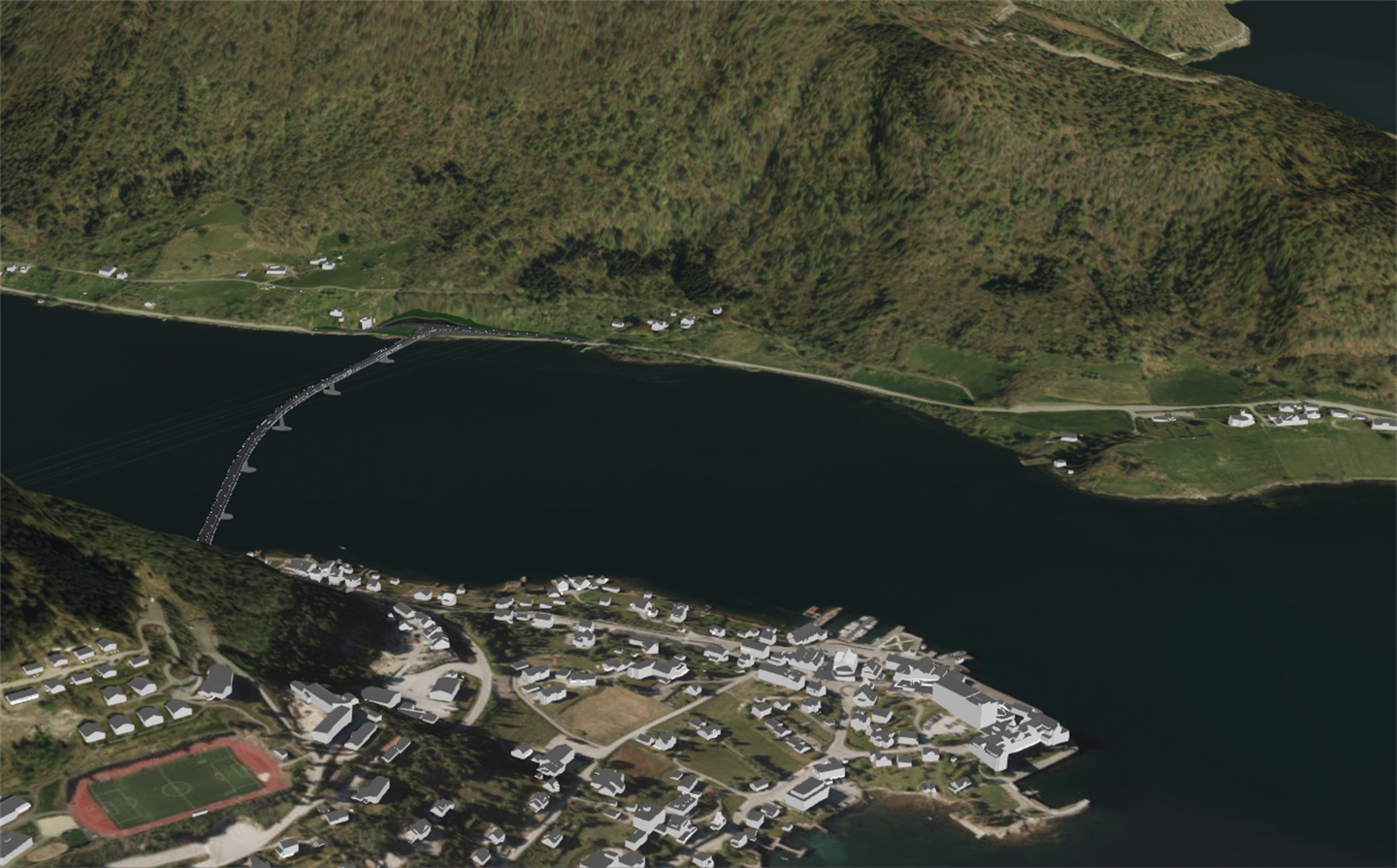 illustrasjon, ei bru er teikna inn i landskapet rundt Balestrand, vi ser Balestrand sentrum i forgrunnen, så brua over fjorden til austsida av fjorden med bebyggelse der. 