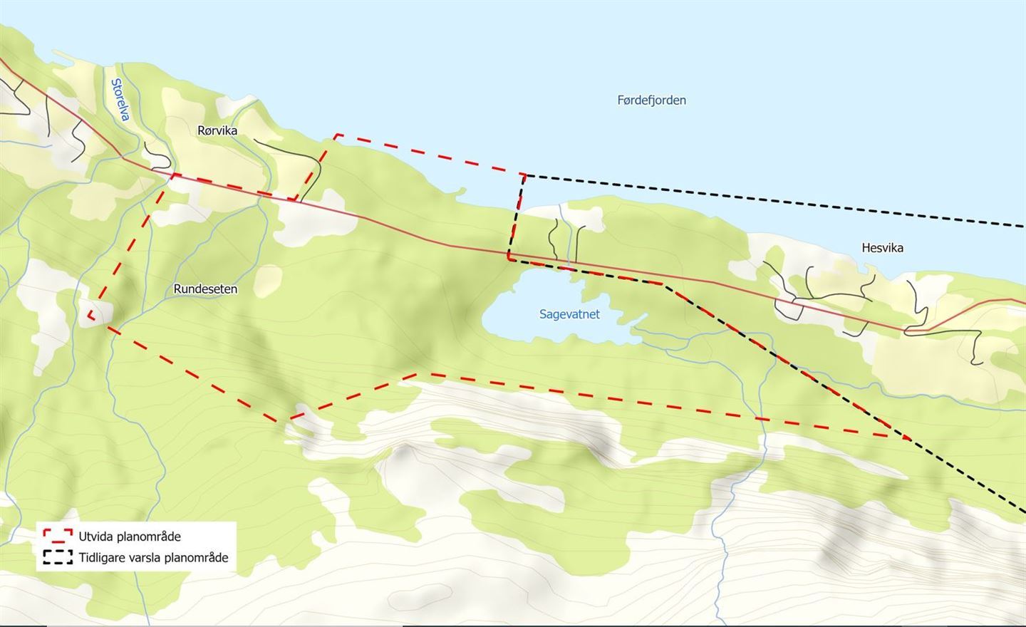NYTT UTVIDA PLANOMRÅDE: Planarbeidet har synt at det er nødvendig å utvide planområdet i vest. Det utvida området strekkjer seg frå Sagevatnet i aust og fram om Rørvika i vest.