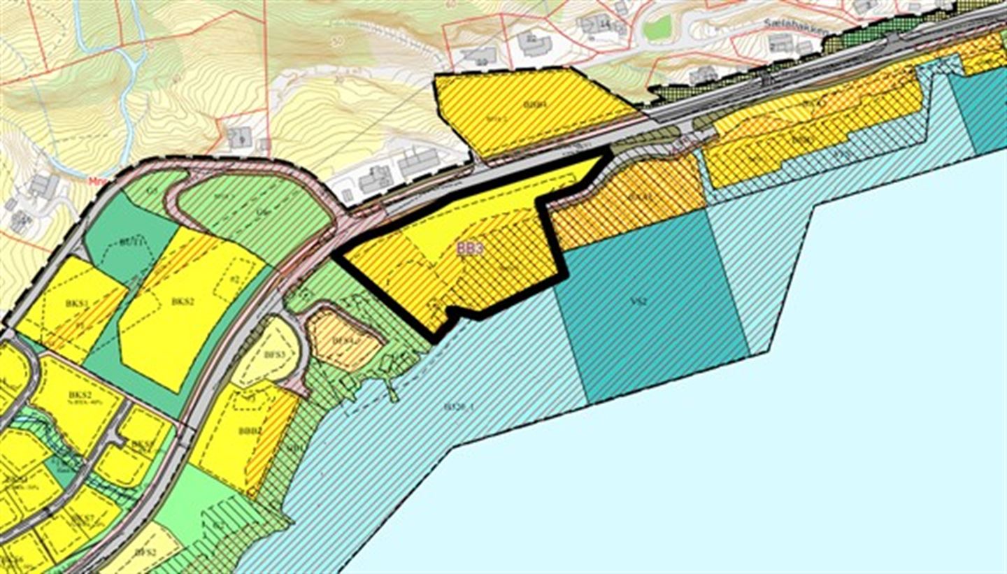 RIGGOMRÅDE: Området markert som BBB3 blir bandlagt til mellombels byggje-og anleggsområde.