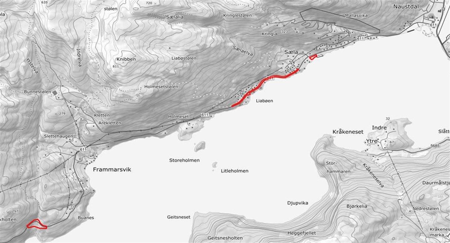 PLANOMRÅDET: Fylkesveg 611 Sæla - Liabø, Hestvika.(Illustrasjon: Vestland fylkeskommune)